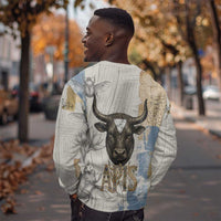 Apis Ancient Egyptian Sweatshirt with Beige-Gray Hieroglyphic, Ornate Bull Head, and Gold-Blue Typography - Wonder Print Shop