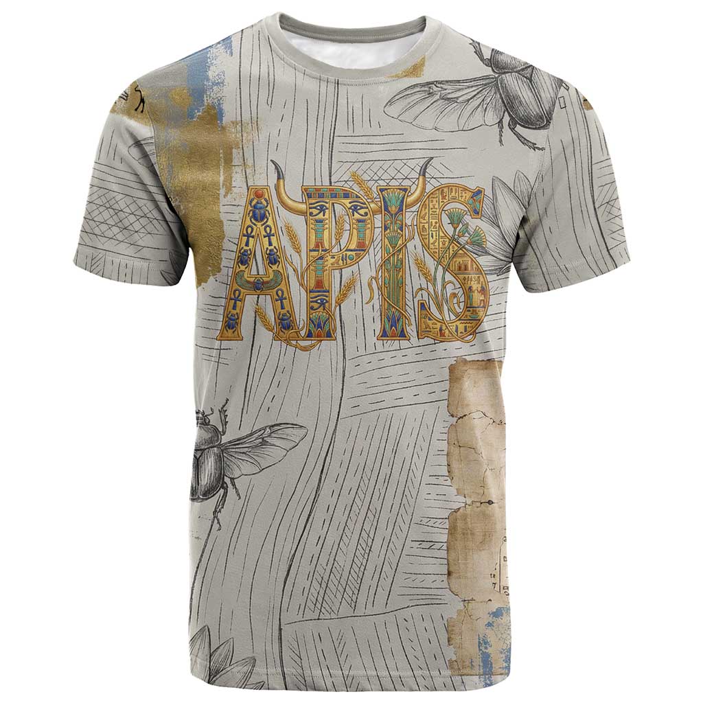 Apis Ancient Egyptian T shirt with Beige-Gray Hieroglyphic, Ornate Bull Head, and Gold-Blue Typography - Wonder Print Shop