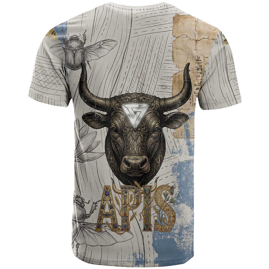 Apis Ancient Egyptian T shirt with Beige-Gray Hieroglyphic, Ornate Bull Head, and Gold-Blue Typography - Wonder Print Shop