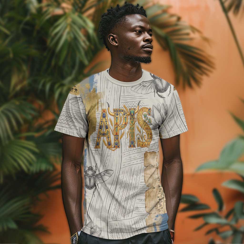 Apis Ancient Egyptian T shirt with Beige-Gray Hieroglyphic, Ornate Bull Head, and Gold-Blue Typography - Wonder Print Shop