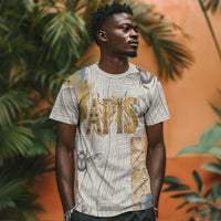 Apis Ancient Egyptian T shirt with Beige-Gray Hieroglyphic, Ornate Bull Head, and Gold-Blue Typography - Wonder Print Shop
