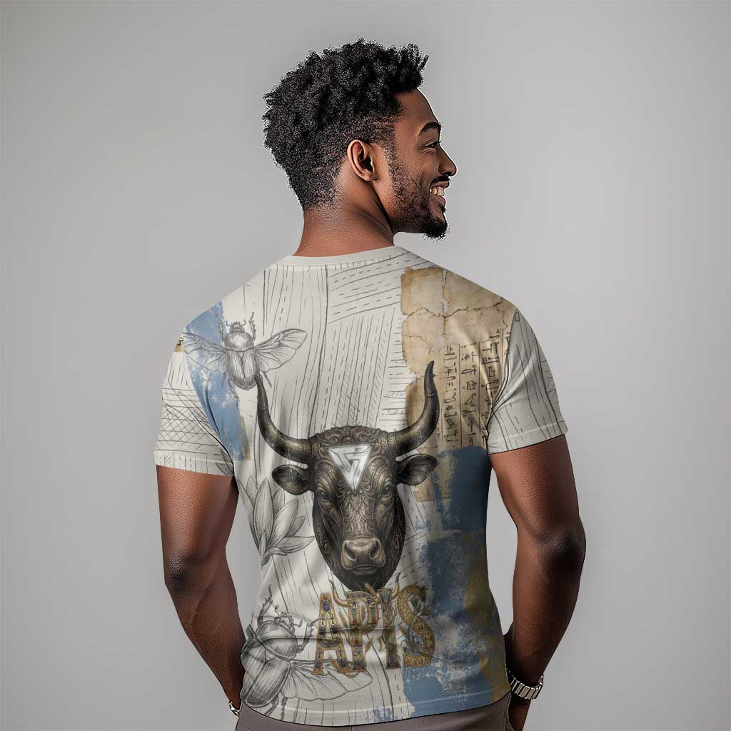 Apis Ancient Egyptian T shirt with Beige-Gray Hieroglyphic, Ornate Bull Head, and Gold-Blue Typography - Wonder Print Shop