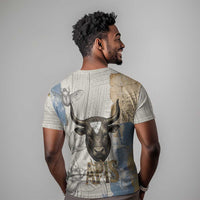 Apis Ancient Egyptian T shirt with Beige-Gray Hieroglyphic, Ornate Bull Head, and Gold-Blue Typography - Wonder Print Shop