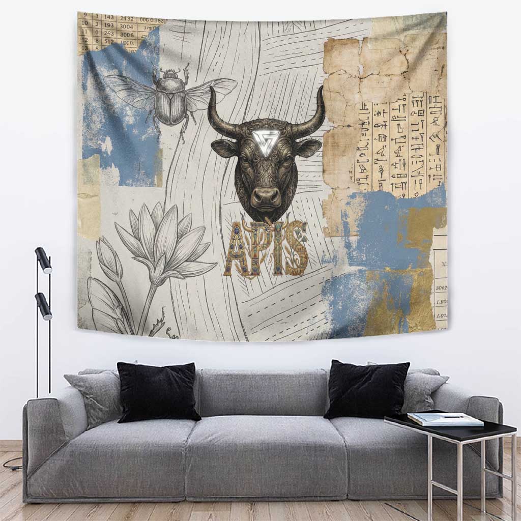 Apis Ancient Egyptian Tapestry with Beige-Gray Hieroglyphic, Ornate Bull Head, and Gold-Blue Typography - Wonder Print Shop