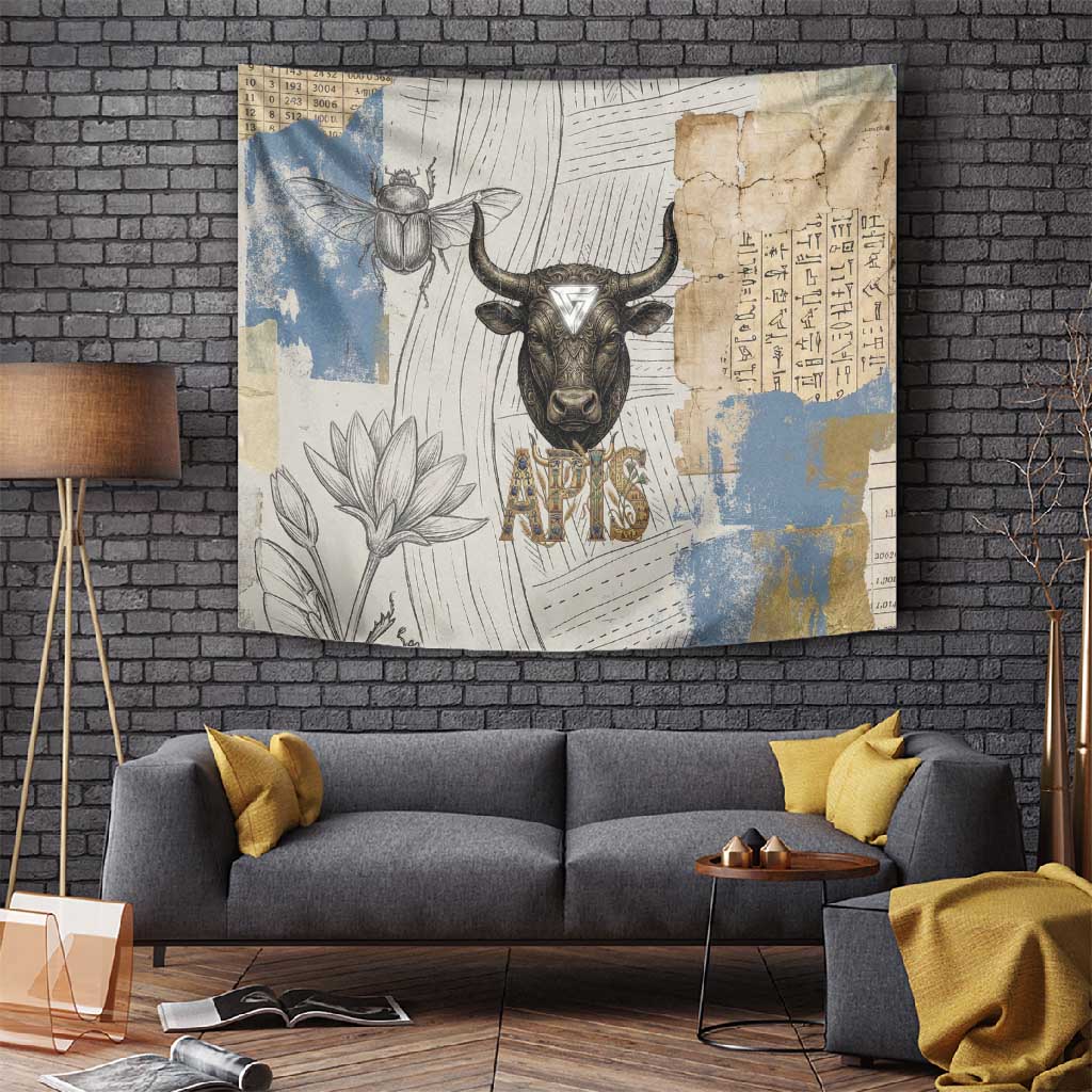 Apis Ancient Egyptian Tapestry with Beige-Gray Hieroglyphic, Ornate Bull Head, and Gold-Blue Typography - Wonder Print Shop
