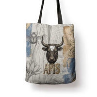 Apis Ancient Egyptian Tote Bag with Beige-Gray Hieroglyphic, Ornate Bull Head, and Gold-Blue Typography - Wonder Print Shop