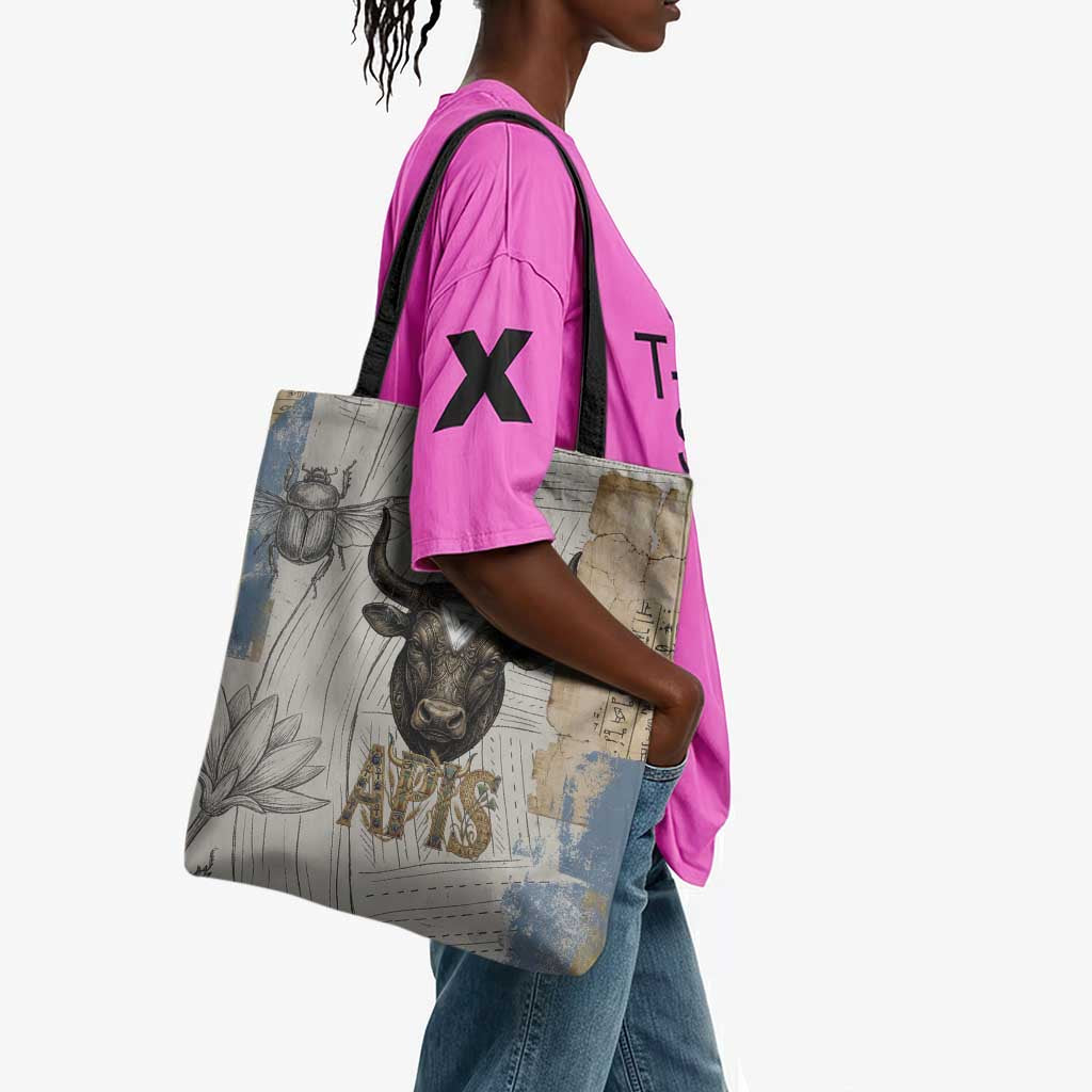 Apis Ancient Egyptian Tote Bag with Beige-Gray Hieroglyphic, Ornate Bull Head, and Gold-Blue Typography - Wonder Print Shop