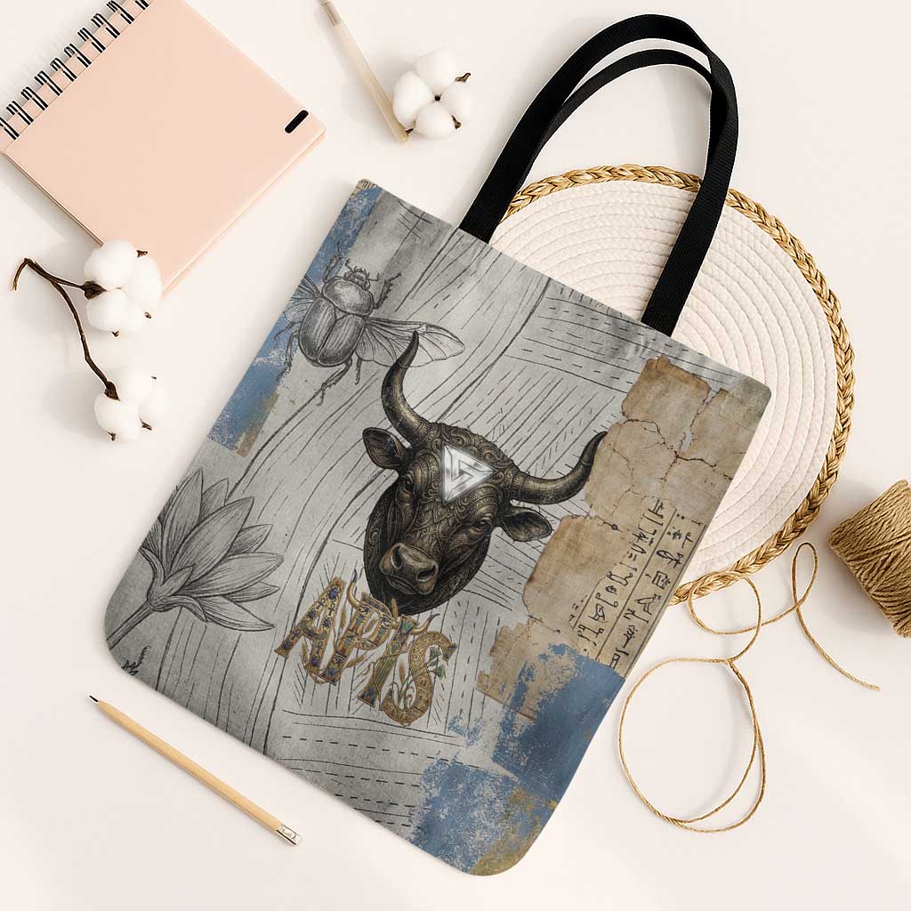 Apis Ancient Egyptian Tote Bag with Beige-Gray Hieroglyphic, Ornate Bull Head, and Gold-Blue Typography - Wonder Print Shop