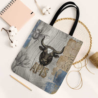 Apis Ancient Egyptian Tote Bag with Beige-Gray Hieroglyphic, Ornate Bull Head, and Gold-Blue Typography - Wonder Print Shop