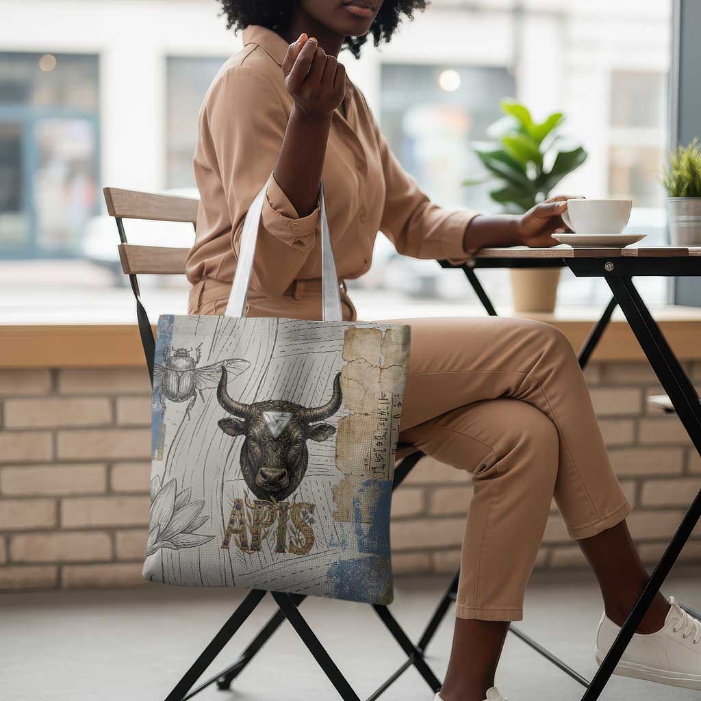 Apis Ancient Egyptian Tote Bag with Beige-Gray Hieroglyphic, Ornate Bull Head, and Gold-Blue Typography - Wonder Print Shop