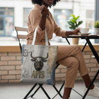 Apis Ancient Egyptian Tote Bag with Beige-Gray Hieroglyphic, Ornate Bull Head, and Gold-Blue Typography - Wonder Print Shop