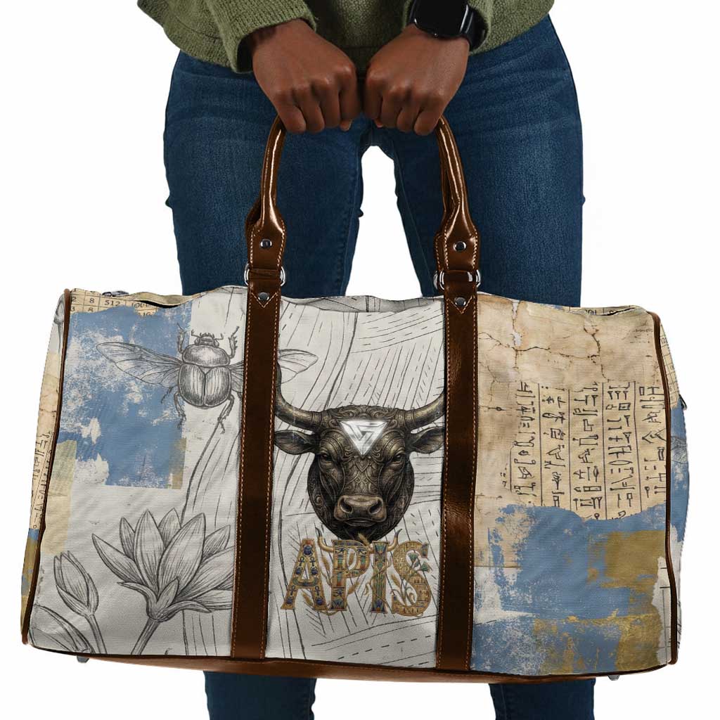 Apis Ancient Egyptian Travel Bag with Beige-Gray Hieroglyphic, Ornate Bull Head, and Gold-Blue Typography - Wonder Print Shop