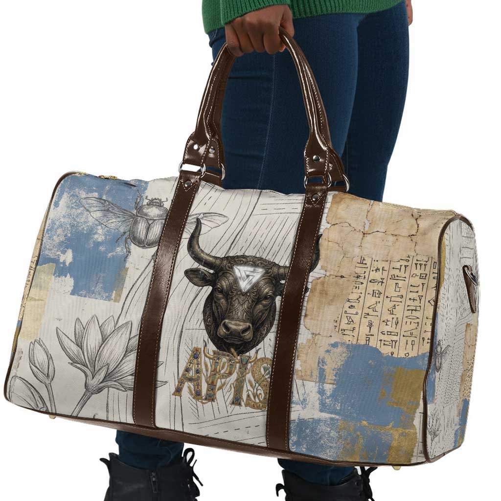 Apis Ancient Egyptian Travel Bag with Beige-Gray Hieroglyphic, Ornate Bull Head, and Gold-Blue Typography - Wonder Print Shop