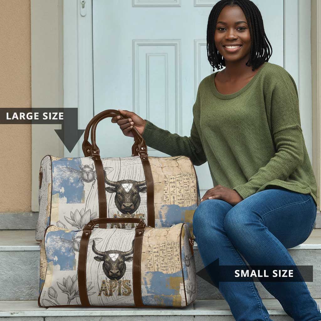 Apis Ancient Egyptian Travel Bag with Beige-Gray Hieroglyphic, Ornate Bull Head, and Gold-Blue Typography - Wonder Print Shop