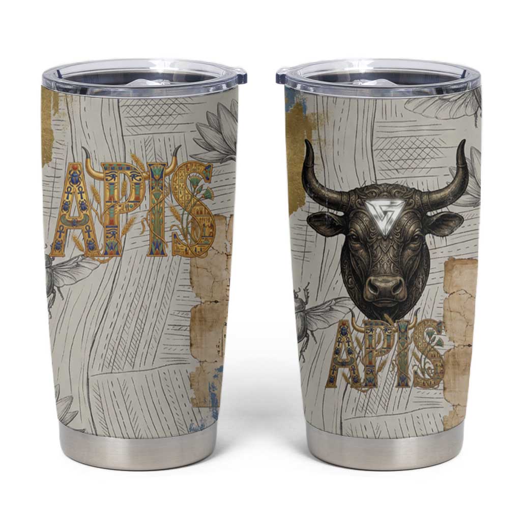 Apis Ancient Egyptian Tumbler Cup with Beige-Gray Hieroglyphic, Ornate Bull Head, and Gold-Blue Typography - Wonder Print Shop