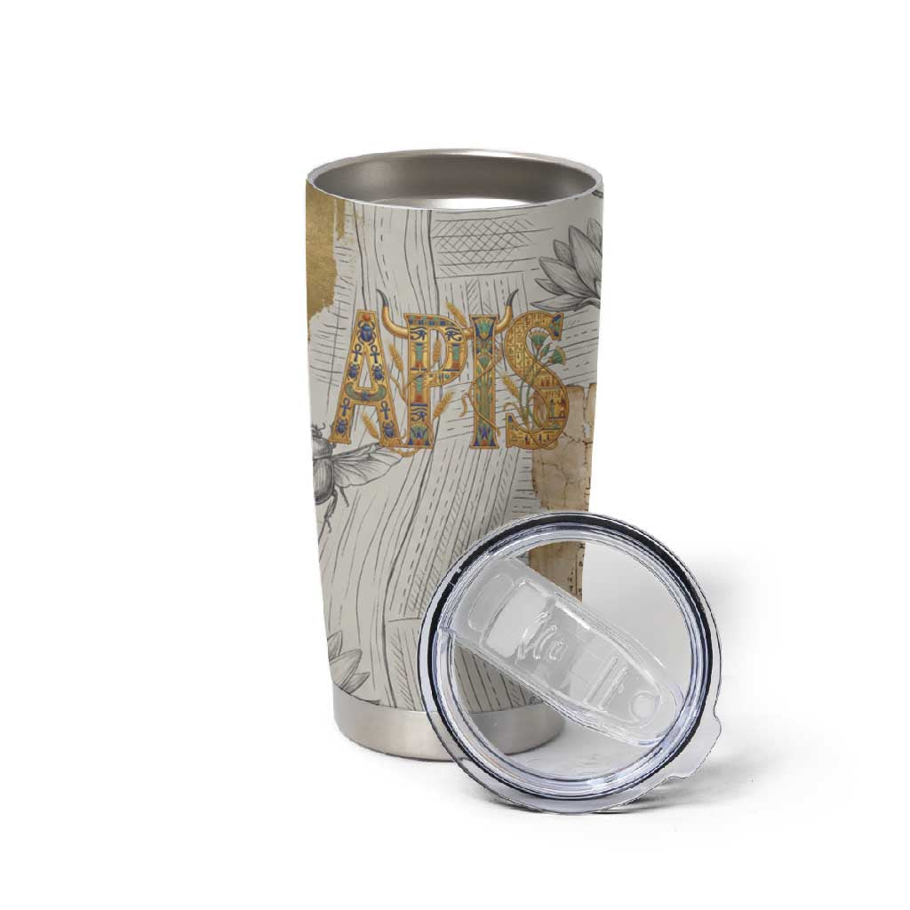 Apis Ancient Egyptian Tumbler Cup with Beige-Gray Hieroglyphic, Ornate Bull Head, and Gold-Blue Typography - Wonder Print Shop