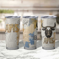 Apis Ancient Egyptian Tumbler Cup with Beige-Gray Hieroglyphic, Ornate Bull Head, and Gold-Blue Typography - Wonder Print Shop