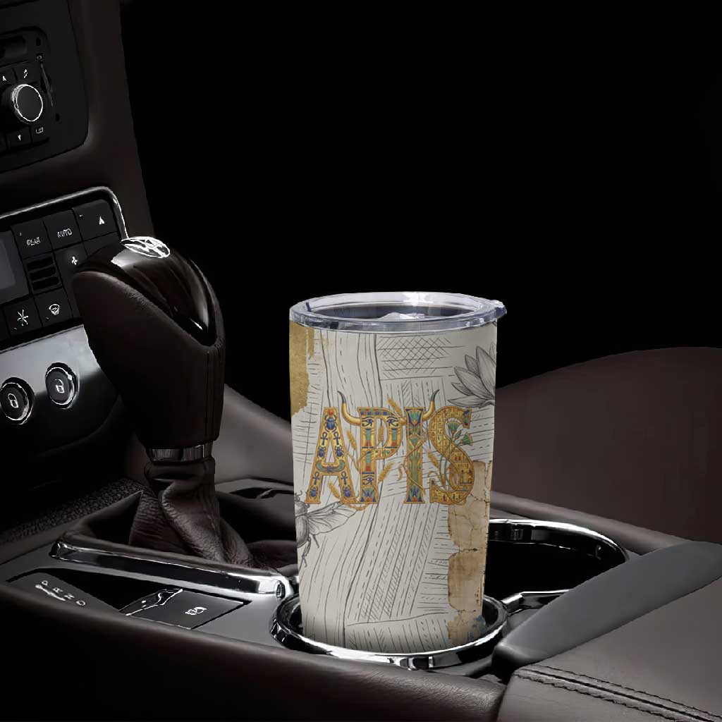 Apis Ancient Egyptian Tumbler Cup with Beige-Gray Hieroglyphic, Ornate Bull Head, and Gold-Blue Typography - Wonder Print Shop