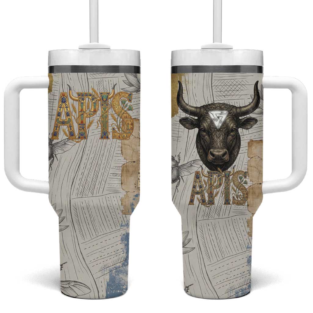Apis Ancient Egyptian Tumbler With Handle with Beige-Gray Hieroglyphic, Ornate Bull Head, and Gold-Blue Typography - Wonder Print Shop