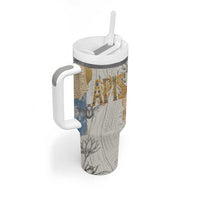 Apis Ancient Egyptian Tumbler With Handle with Beige-Gray Hieroglyphic, Ornate Bull Head, and Gold-Blue Typography - Wonder Print Shop