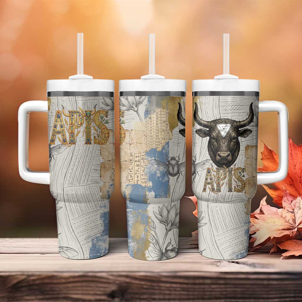 Apis Ancient Egyptian Tumbler With Handle with Beige-Gray Hieroglyphic, Ornate Bull Head, and Gold-Blue Typography - Wonder Print Shop