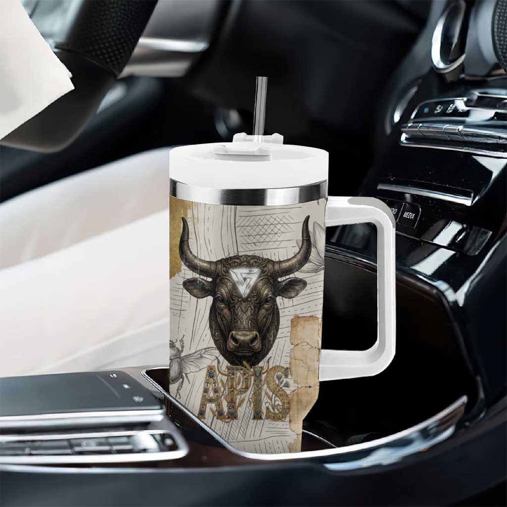 Apis Ancient Egyptian Tumbler With Handle with Beige-Gray Hieroglyphic, Ornate Bull Head, and Gold-Blue Typography - Wonder Print Shop