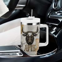Apis Ancient Egyptian Tumbler With Handle with Beige-Gray Hieroglyphic, Ornate Bull Head, and Gold-Blue Typography - Wonder Print Shop