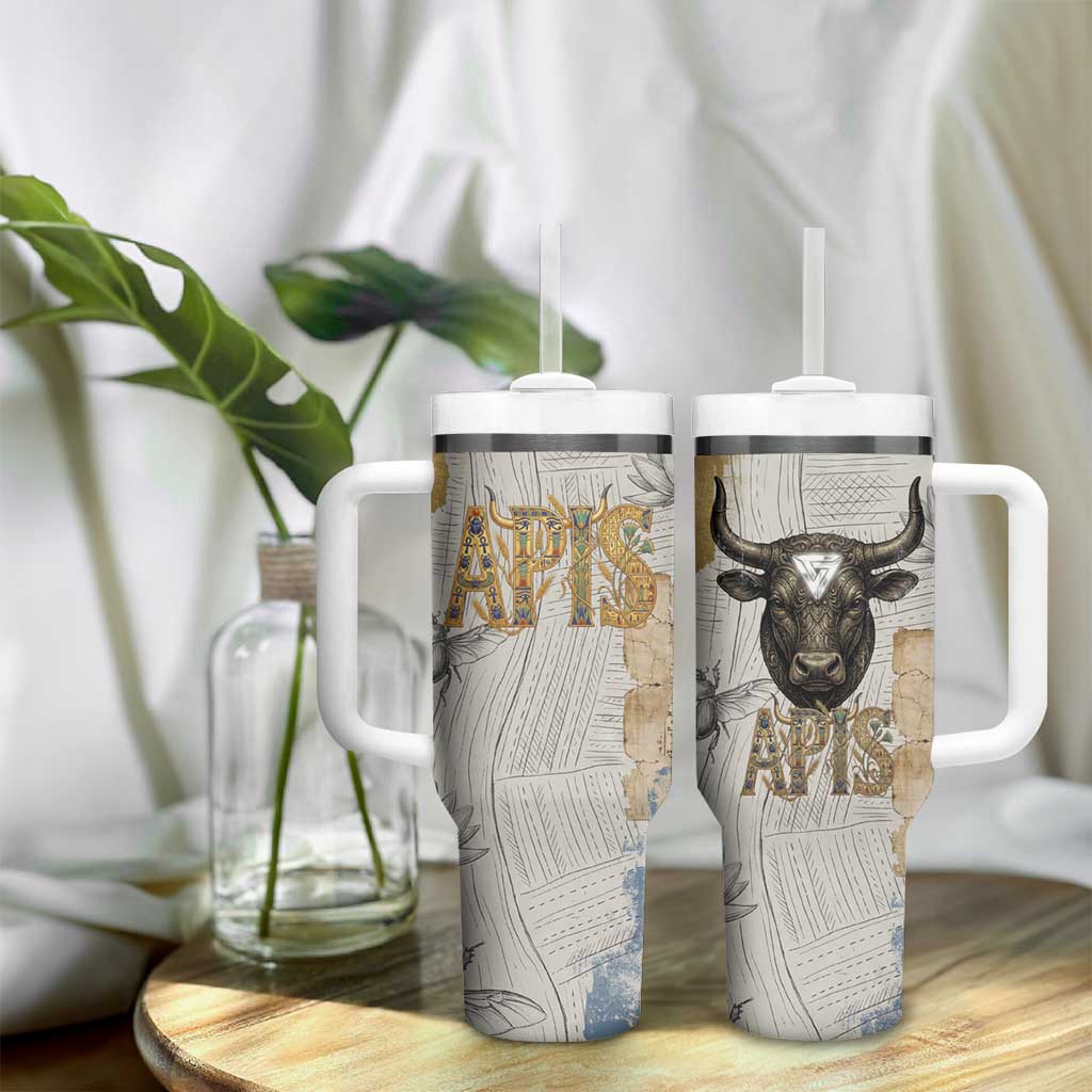Apis Ancient Egyptian Tumbler With Handle with Beige-Gray Hieroglyphic, Ornate Bull Head, and Gold-Blue Typography - Wonder Print Shop