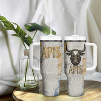 Apis Ancient Egyptian Tumbler With Handle with Beige-Gray Hieroglyphic, Ornate Bull Head, and Gold-Blue Typography - Wonder Print Shop