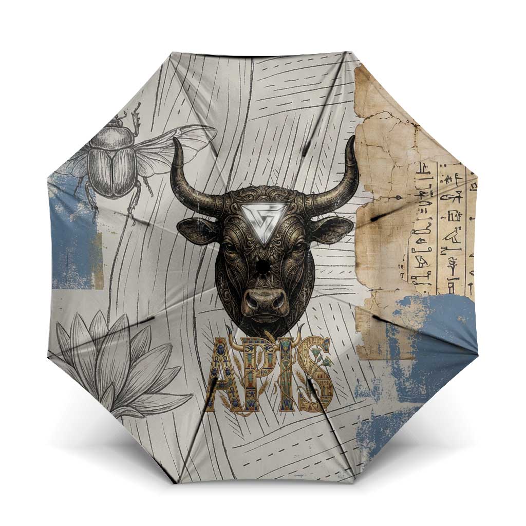 Apis Ancient Egyptian Umbrella with Beige-Gray Hieroglyphic, Ornate Bull Head, and Gold-Blue Typography - Wonder Print Shop