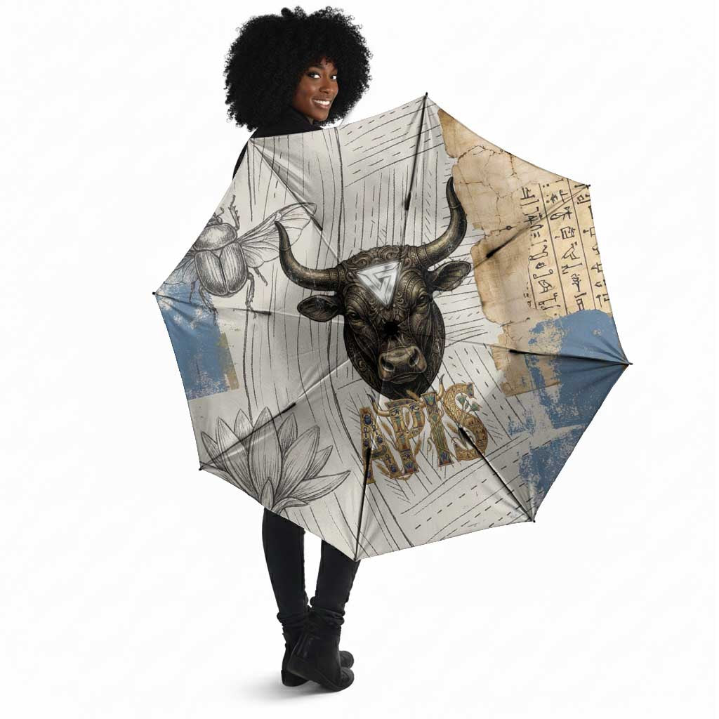 Apis Ancient Egyptian Umbrella with Beige-Gray Hieroglyphic, Ornate Bull Head, and Gold-Blue Typography - Wonder Print Shop
