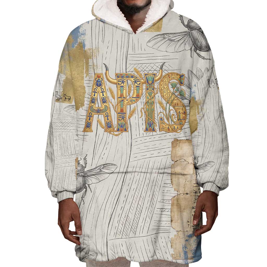 Apis Ancient Egyptian Wearable Blanket Hoodie with Beige-Gray Hieroglyphic, Ornate Bull Head, and Gold-Blue Typography - Wonder Print Shop
