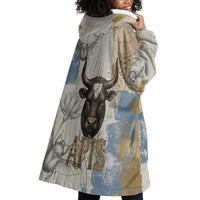 Apis Ancient Egyptian Wearable Blanket Hoodie with Beige-Gray Hieroglyphic, Ornate Bull Head, and Gold-Blue Typography - Wonder Print Shop