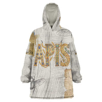 Apis Ancient Egyptian Wearable Blanket Hoodie with Beige-Gray Hieroglyphic, Ornate Bull Head, and Gold-Blue Typography - Wonder Print Shop