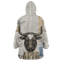 Apis Ancient Egyptian Wearable Blanket Hoodie with Beige-Gray Hieroglyphic, Ornate Bull Head, and Gold-Blue Typography - Wonder Print Shop