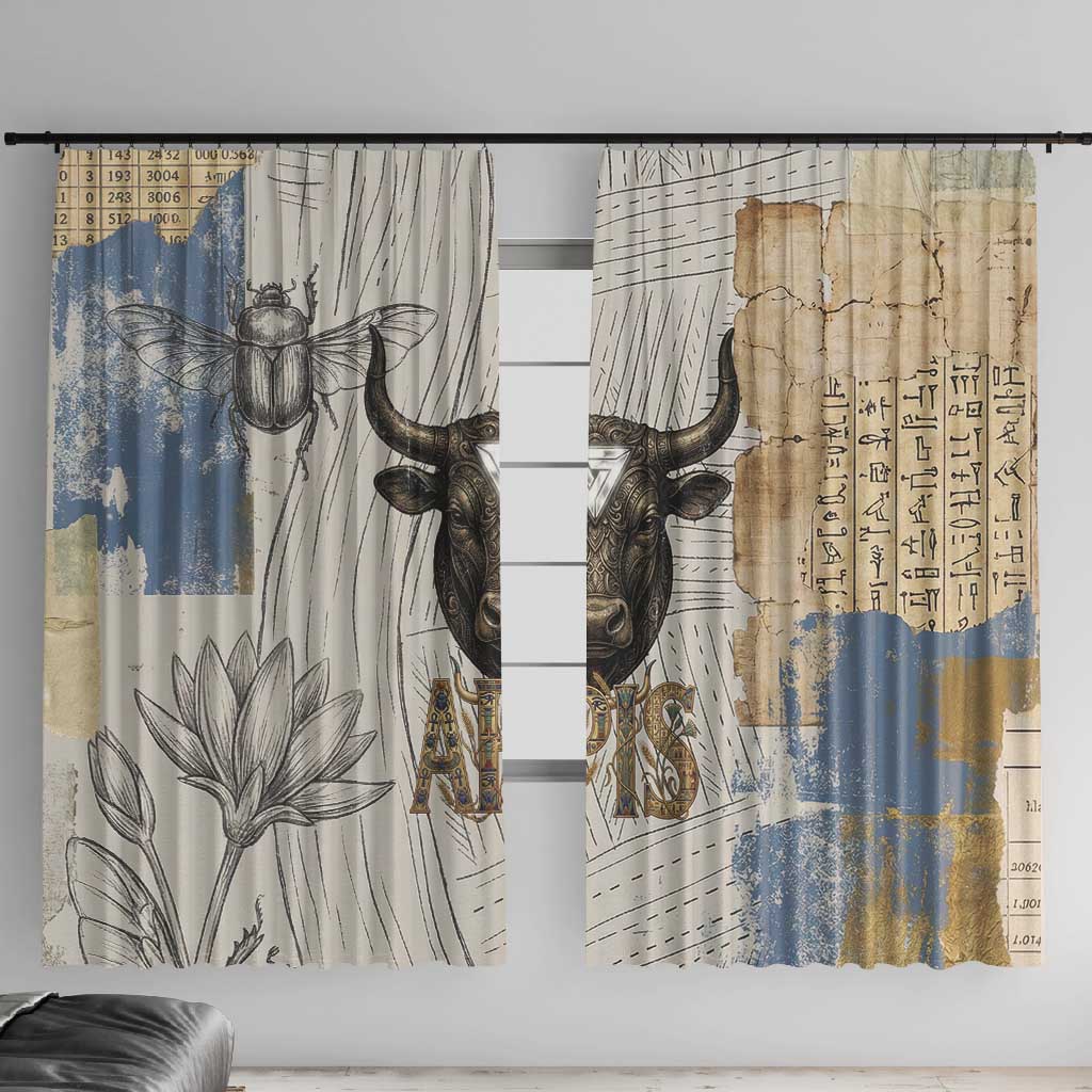 Apis Ancient Egyptian Window Curtain with Beige-Gray Hieroglyphic, Ornate Bull Head, and Gold-Blue Typography - Wonder Print Shop