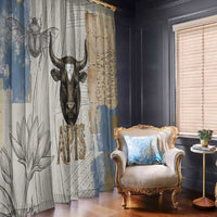 Apis Ancient Egyptian Window Curtain with Beige-Gray Hieroglyphic, Ornate Bull Head, and Gold-Blue Typography - Wonder Print Shop