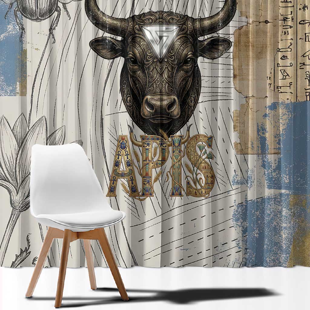 Apis Ancient Egyptian Window Curtain with Beige-Gray Hieroglyphic, Ornate Bull Head, and Gold-Blue Typography - Wonder Print Shop