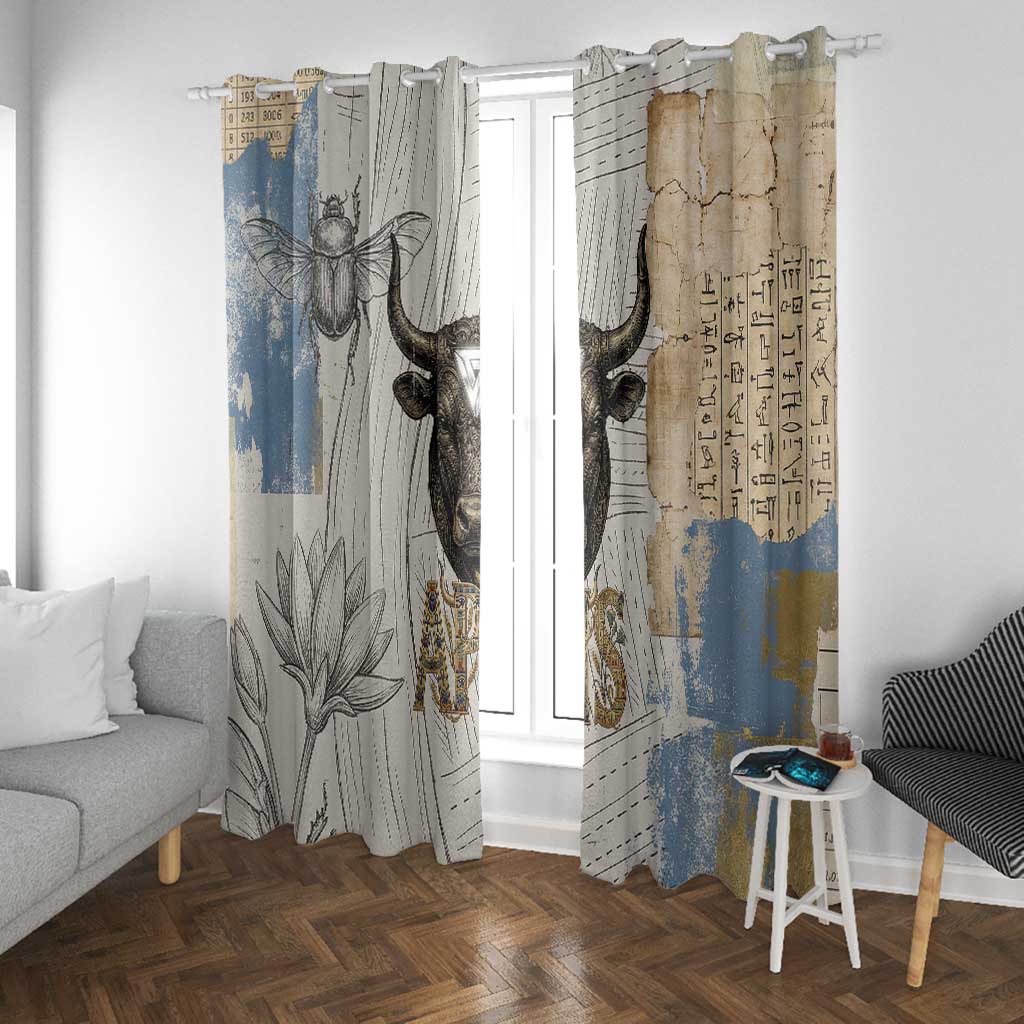 Apis Ancient Egyptian Window Curtain with Beige-Gray Hieroglyphic, Ornate Bull Head, and Gold-Blue Typography - Wonder Print Shop