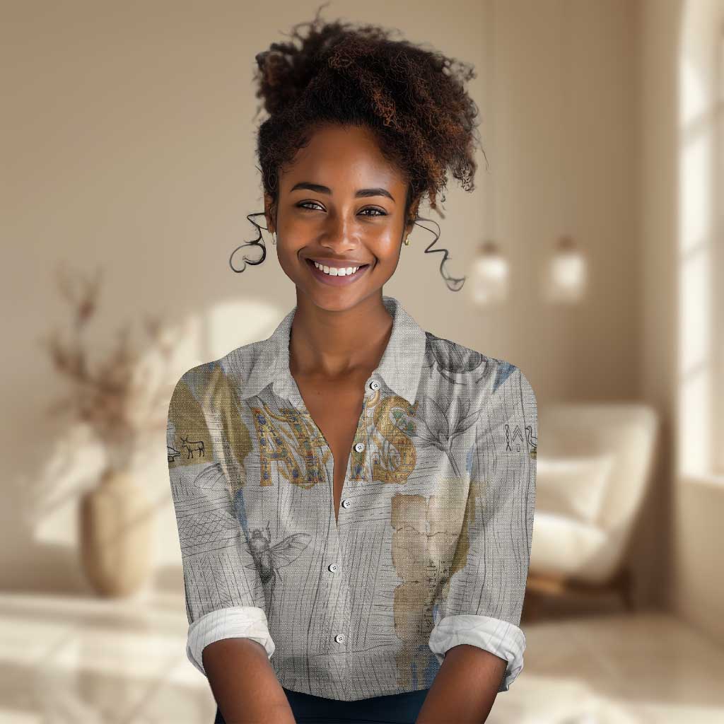 Apis Ancient Egyptian Women Casual Shirt with Beige-Gray Hieroglyphic, Ornate Bull Head, and Gold-Blue Typography - Wonder Print Shop