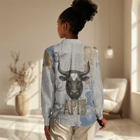 Apis Ancient Egyptian Women Casual Shirt with Beige-Gray Hieroglyphic, Ornate Bull Head, and Gold-Blue Typography - Wonder Print Shop