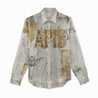 Apis Ancient Egyptian Women Casual Shirt with Beige-Gray Hieroglyphic, Ornate Bull Head, and Gold-Blue Typography - Wonder Print Shop