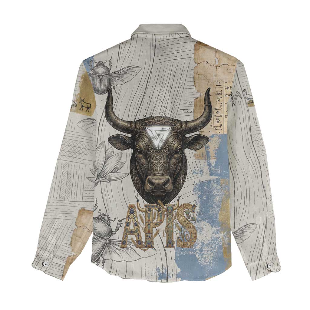 Apis Ancient Egyptian Women Casual Shirt with Beige-Gray Hieroglyphic, Ornate Bull Head, and Gold-Blue Typography - Wonder Print Shop