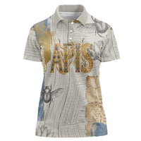 Apis Ancient Egyptian Women Polo Shirt with Beige-Gray Hieroglyphic, Ornate Bull Head, and Gold-Blue Typography - Wonder Print Shop