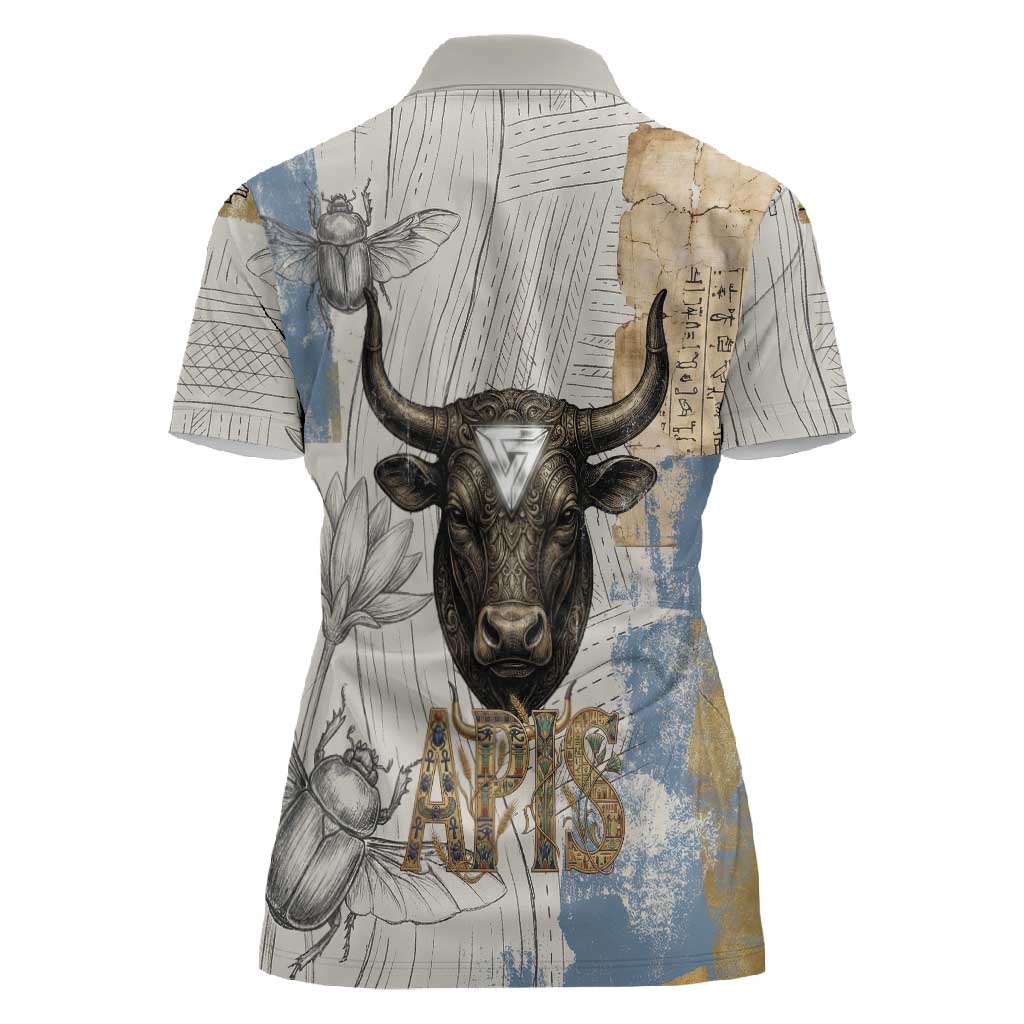 Apis Ancient Egyptian Women Polo Shirt with Beige-Gray Hieroglyphic, Ornate Bull Head, and Gold-Blue Typography - Wonder Print Shop