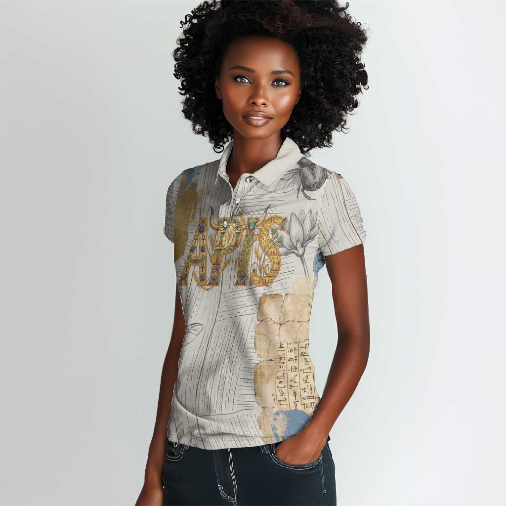 Apis Ancient Egyptian Women Polo Shirt with Beige-Gray Hieroglyphic, Ornate Bull Head, and Gold-Blue Typography - Wonder Print Shop