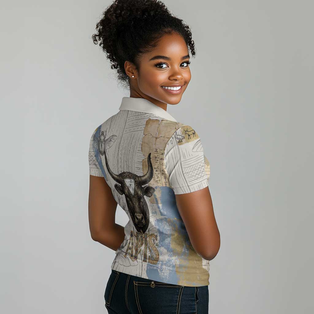 Apis Ancient Egyptian Women Polo Shirt with Beige-Gray Hieroglyphic, Ornate Bull Head, and Gold-Blue Typography - Wonder Print Shop