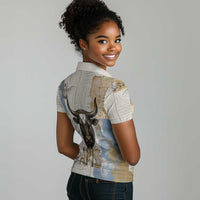 Apis Ancient Egyptian Women Polo Shirt with Beige-Gray Hieroglyphic, Ornate Bull Head, and Gold-Blue Typography - Wonder Print Shop
