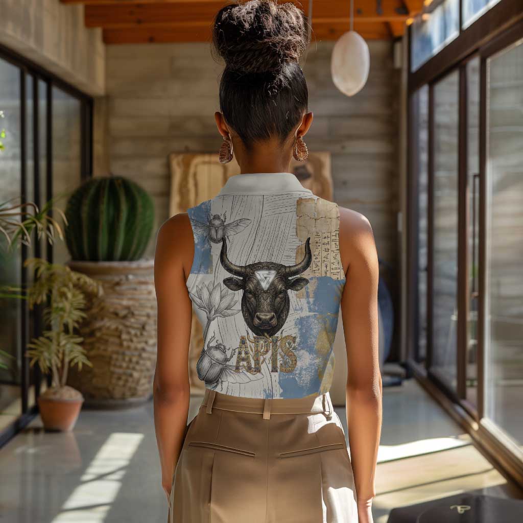 Apis Ancient Egyptian Women Sleeveless Polo Shirt with Beige-Gray Hieroglyphic, Ornate Bull Head, and Gold-Blue Typography - Wonder Print Shop