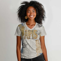Apis Ancient Egyptian Women V-Neck T-Shirt with Beige-Gray Hieroglyphic, Ornate Bull Head, and Gold-Blue Typography - Wonder Print Shop